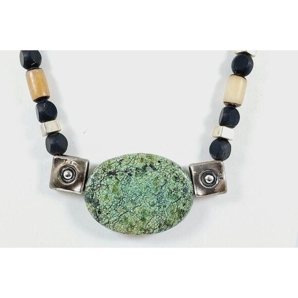 17.5" Sterling Silver & Turquoise Beaded Necklace | Carved Nut & Black Glass Bea - Picture 2 of 6